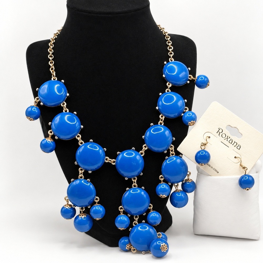 Roxana Royal Blue Bubble Bead Statement Necklace and Earrings Jewelry Set Gold
